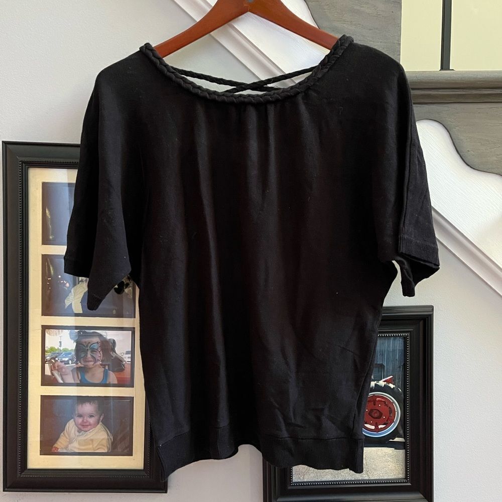 AB Studio Black Braid Trim Short Sleeve Sweater sz L